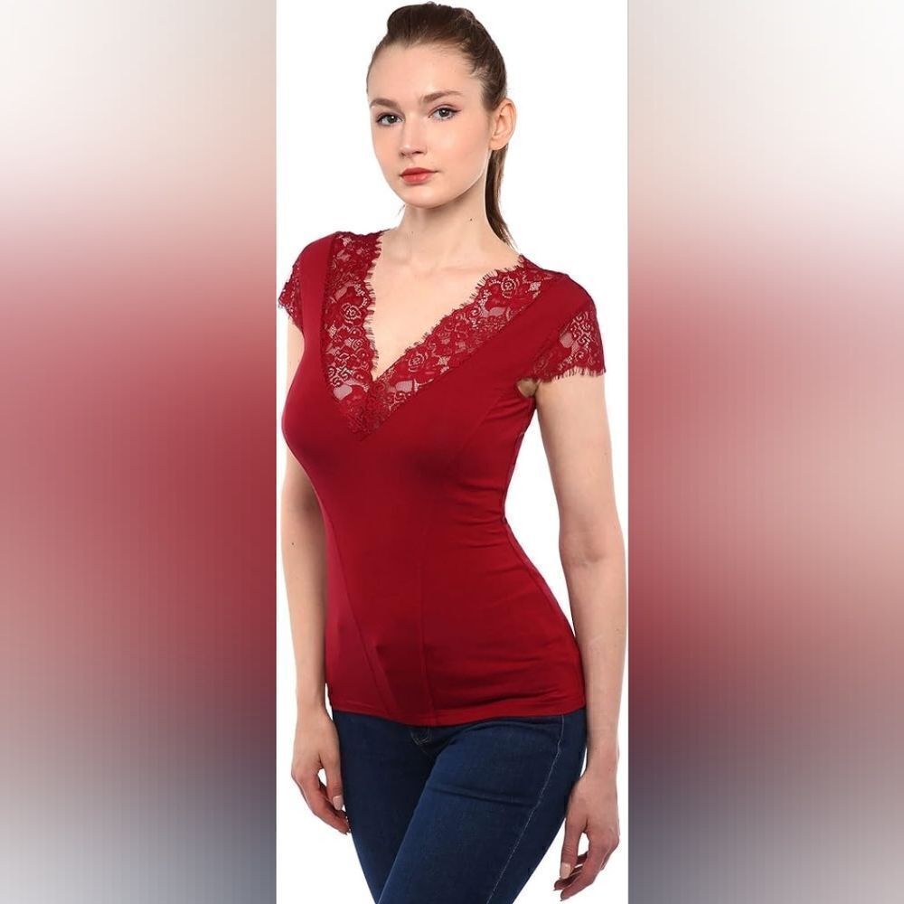 AmélieBoutik Women Floral Lace Trim V Neck Sleeveless Blouse Top Red XL